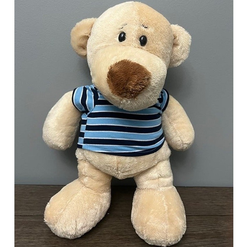 Chrisha Playful Plush Teddy Bear Tan Stuffed Animal Blue‎ Striped Shirt